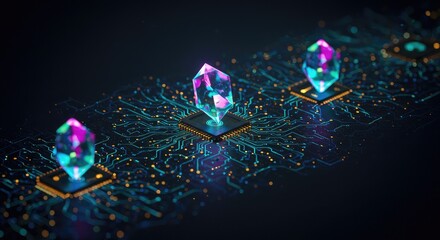 Witness vibrant quantum crystals illuminating an advanced digital circuit board, symbolizing powerful AI innovation and futuristic data processing for groundbreaking technology.