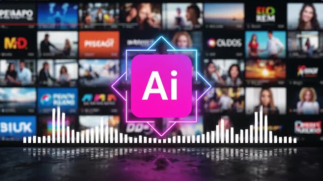Artificial Intelligence Logo with Glowing Neon Overlay and Audio Spectrum on Blurred Digital Background AI powered workflow automation