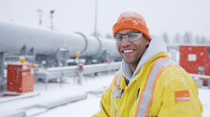 Smiling Black man working outdoors in snowy industrial environment wearing protective gear and high-visibility jacket