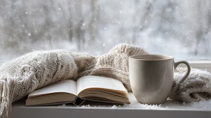 Cozy winter moment with open novel and ceramic mug on windowsill during a snowy day