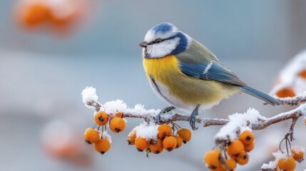 Obraz premium Colorful blue tit wild bird resting on a frosted winter branch with bright orange berries