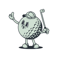 Cartoon Golf Ball Character with Cap Holding Golf Club on Transparent Background