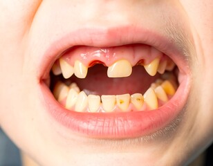 Child's mouth open, showing decayed teeth with a missing tooth and stained enamel