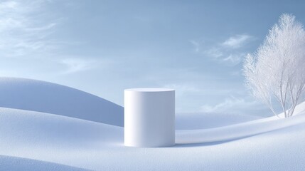 Minimalist white podium on snow dunes with frosted tree branches under a serene pale blue winter sky