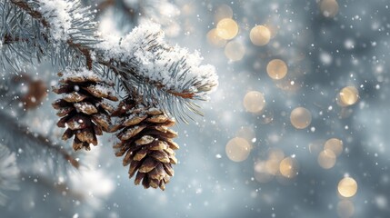 Snowy pine branches with two pinecones and falling snow against a glowing bokeh background