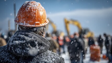 Worker wearing orange hard hat and heavy jacket covered in falling snow at outdoor construction site in winter