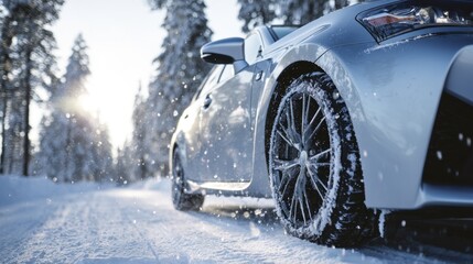 Silver vehicle with snow-covered wheels on a frosty winter road amidst a coniferous forest during snowfall