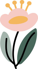 Abstract plants. Simple Various branches, Flowers and Leaves. Hand-drawn colored Vector Set. Floral design, Naive art, Infantile Style Art.