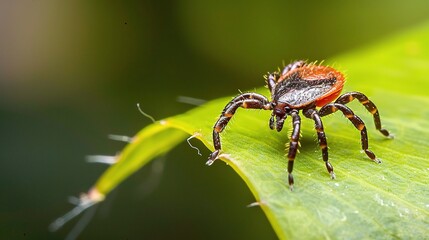 Tick with a small, oval, brown body clinging to green grass blades or animal fur, showing its segmented legs and tiny mouthparts, in soft outdoor daylight with subtle shadows highlighting its details.