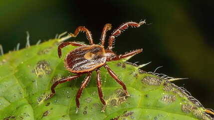 Tick with a small, oval, brown body clinging to green grass blades or animal fur, showing its segmented legs and tiny mouthparts, in soft outdoor daylight with subtle shadows highlighting its details.