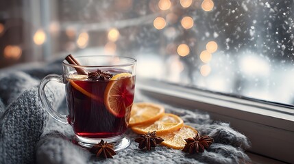 Cozy Mulled Wine on Snowy Winter Windowsill