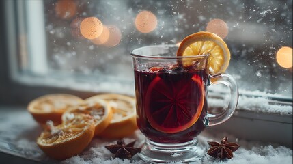 Cozy Mulled Wine on Snowy Winter Windowsill