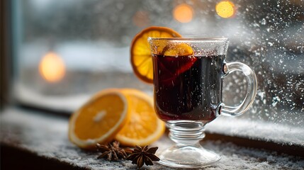 Cozy Mulled Wine on Snowy Winter Windowsill