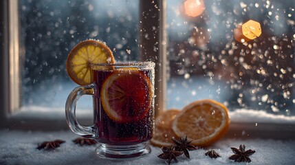 Cozy Mulled Wine on Snowy Winter Windowsill
