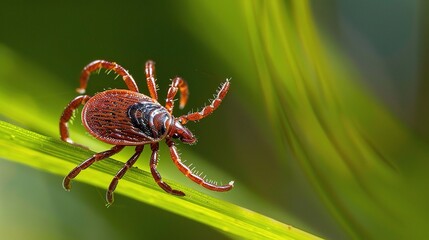 Tick with a small, oval, brown body clinging to green grass blades or animal fur, showing its segmented legs and tiny mouthparts, in soft outdoor daylight with subtle shadows highlighting its details.