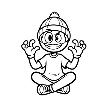 Mischievous cartoon boy sitting crosslegged with sly grin
