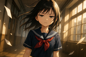 夕暮れの廊下に立つ決意の少女