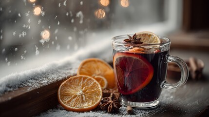 Cozy Mulled Wine on Snowy Winter Windowsill