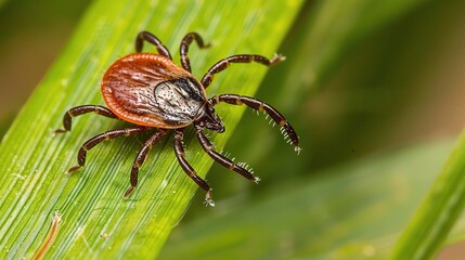 Tick with a small, oval, brown body clinging to green grass blades or animal fur, showing its segmented legs and tiny mouthparts, in soft outdoor daylight with subtle shadows highlighting its details.