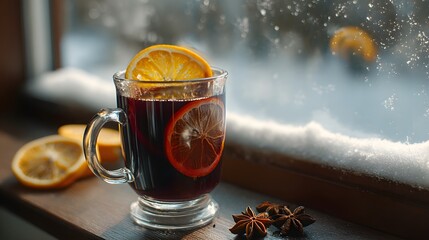 Cozy Mulled Wine on Snowy Winter Windowsill