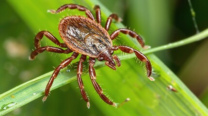 Tick with a small, oval, brown body clinging to green grass blades or animal fur, showing its segmented legs and tiny mouthparts, in soft outdoor daylight with subtle shadows highlighting its details.