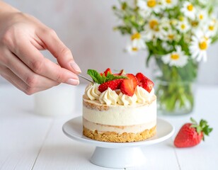A small layered dessert topped with strawberries, mint, and cream