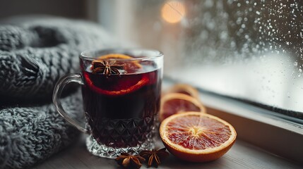 Cozy Mulled Wine on Snowy Winter Windowsill