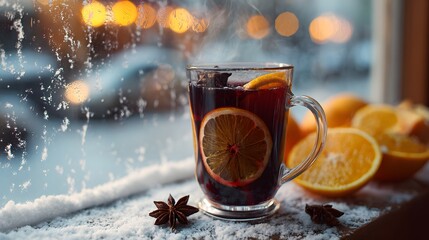 Cozy Mulled Wine on Snowy Winter Windowsill
