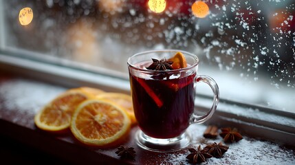 Cozy Mulled Wine on Snowy Winter Windowsill