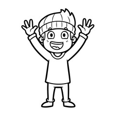 Cheerful cartoon boy in beanie and longsleeved shirt, raising his hands in welcoming gesture