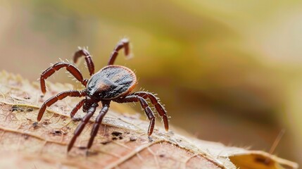 Tick with a small, oval, brown body clinging to green grass blades or animal fur, showing its segmented legs and tiny mouthparts, in soft outdoor daylight with subtle shadows highlighting its details.