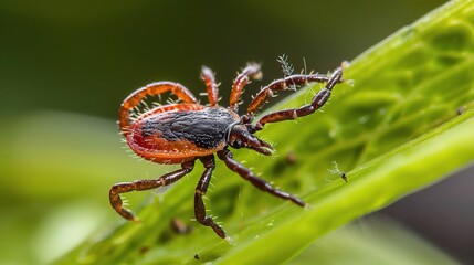 Tick with a small, oval, brown body clinging to green grass blades or animal fur, showing its segmented legs and tiny mouthparts, in soft outdoor daylight with subtle shadows highlighting its details.