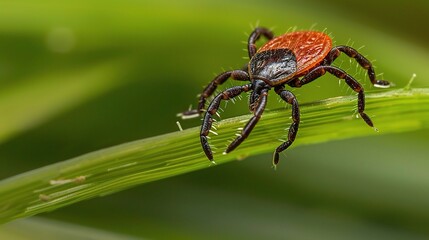 Tick with a small, oval, brown body clinging to green grass blades or animal fur, showing its segmented legs and tiny mouthparts, in soft outdoor daylight with subtle shadows highlighting its details.