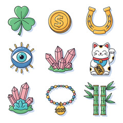 A vibrant collection of illustrated lucky charms and symbols for good fortune and prosperity