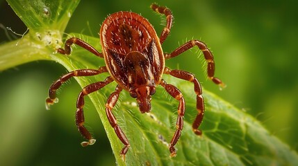 Tick with a small, oval, brown body clinging to green grass blades or animal fur, showing its segmented legs and tiny mouthparts, in soft outdoor daylight with subtle shadows highlighting its details.