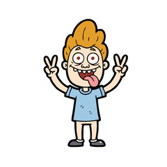 Obraz premium Cartoon boy with orange hair, sticking out tongue and making peace signs with both hands