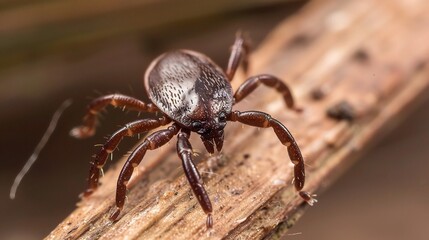 Tick with a small, oval, brown body clinging to green grass blades or animal fur, showing its segmented legs and tiny mouthparts, in soft outdoor daylight with subtle shadows highlighting its details.