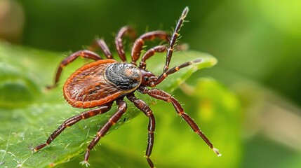 Tick with a small, oval, brown body clinging to green grass blades or animal fur, showing its segmented legs and tiny mouthparts, in soft outdoor daylight with subtle shadows highlighting its details.