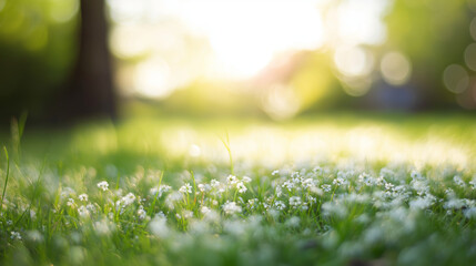 Serene spring meadow with blooming flowers bathed in morning light, creating a peaceful natural setting.