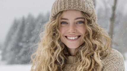 Young woman with blonde curly hair and blue eyes smiling happily during a winter snowfall outdoors