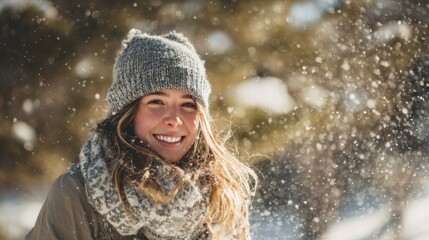 Smiling young woman enjoying a snowy winter day in a warm knit hat and scarf