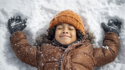 Black child smiling peacefully lying in fresh white snow during winter playtime