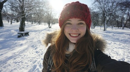 Joyful young woman with a red hat smiling broadly in a sunny snowy winter park setting