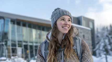 Smiling young adult woman wearing winter hat and backpack enjoys snowy outdoor winter environment