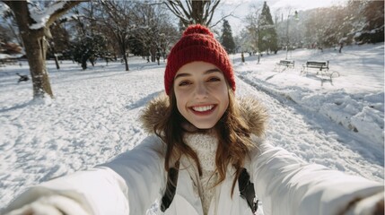 Happy young woman smiling brightly while taking a selfie in a sunlit snowy winter park