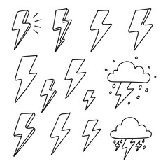 Collection of Hand Drawn Doodle Lightning Bolt and Thunderstorm Weather Elements