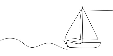 Continuous one line drawing of sailboat or yacht single line drawing outline vector art illustration, One continuous line drawing of sailboat, Sailboat single minimal line drawing on white background.