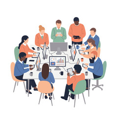 Diverse team collaborating on a project using technology in a modern meeting room