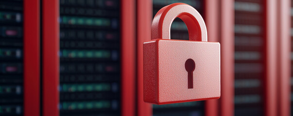 Red padlock icon floating in front of server racks, symbolizing secure data protection and cybersecurity in modern data center environment