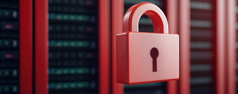 Red padlock icon floating in front of server racks, symbolizing secure data protection and cybersecurity in modern data center environment